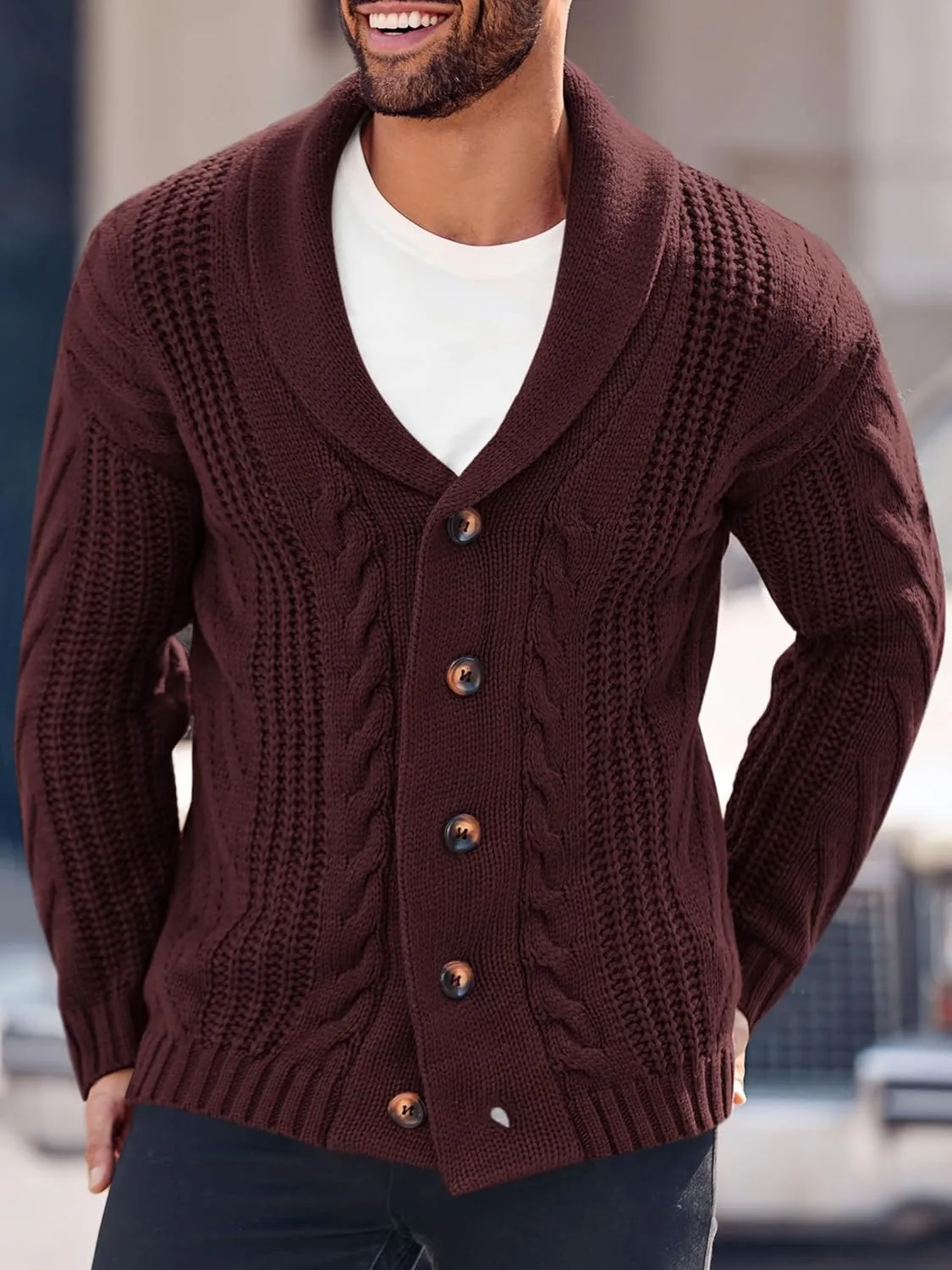 Mens Cable Knit Cardigan Sweater Shawl Collar Loose Fit Long Sleeve Casual Cardigans