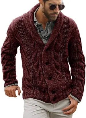 Mens Cable Knit Cardigan Sweater Shawl Collar Loose Fit Long Sleeve Casual Cardigans