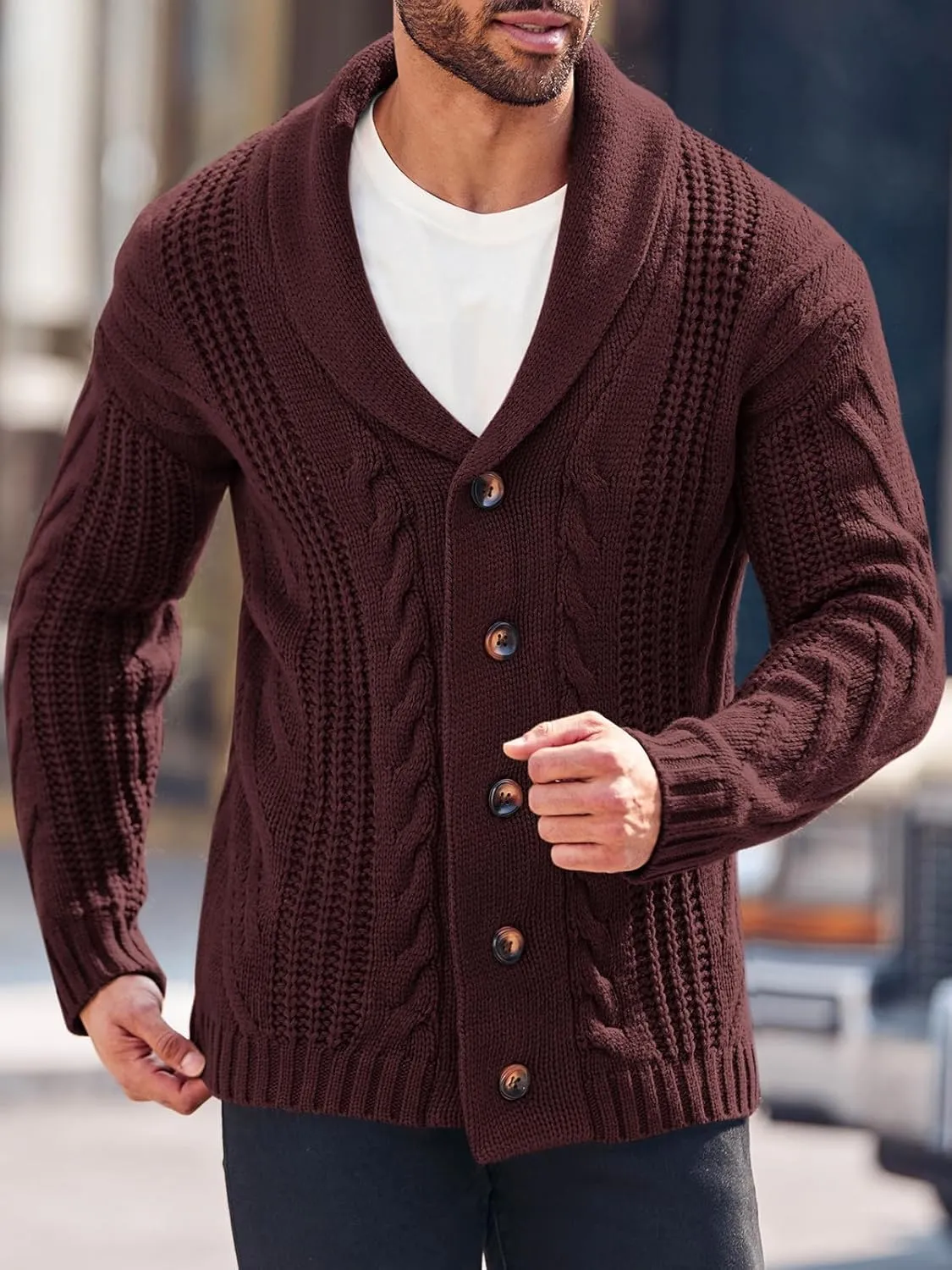 Mens Cable Knit Cardigan Sweater Shawl Collar Loose Fit Long Sleeve Casual Cardigans