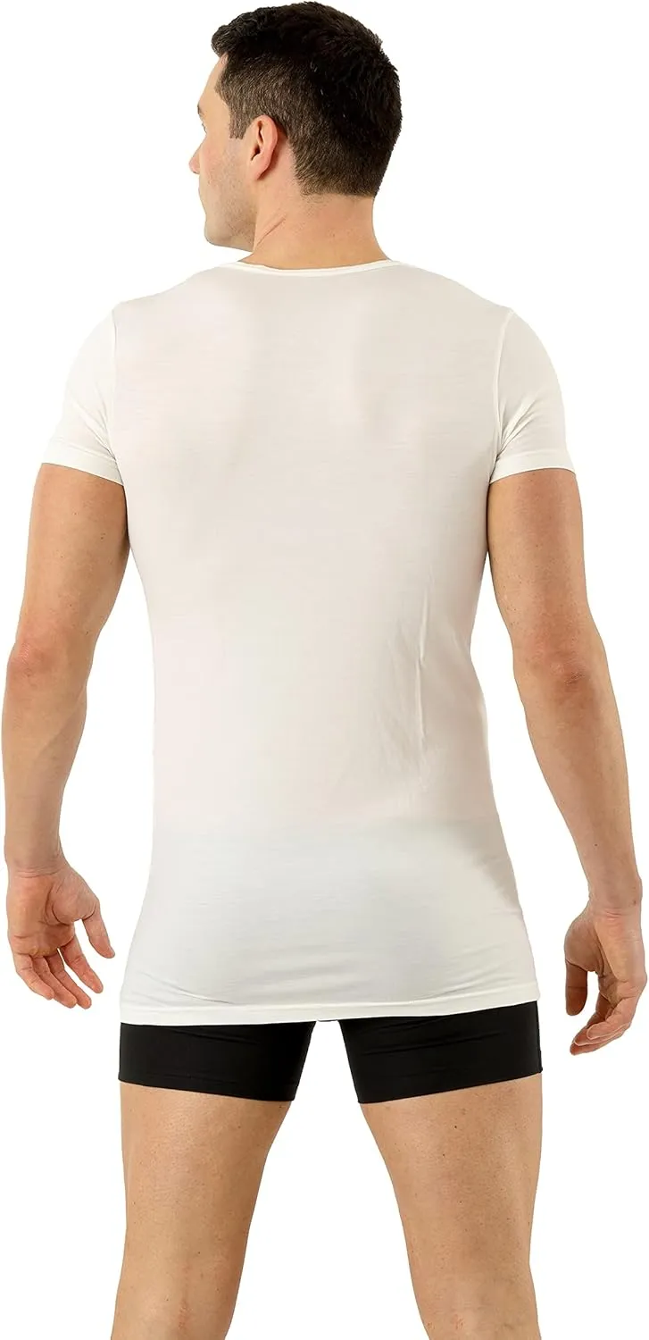 Men's Functional Undershirt Merino Wool-Tencel Lyocell Short Sleeve v-Neck Off-White
