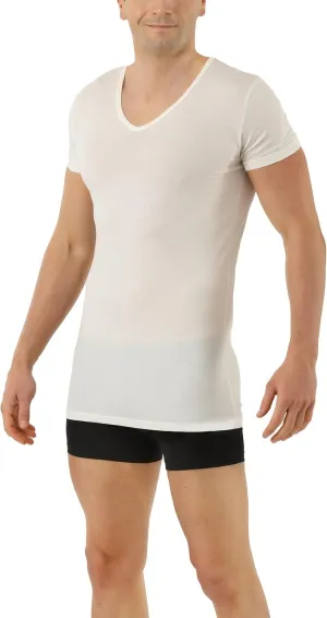 Men's Functional Undershirt Merino Wool-Tencel Lyocell Short Sleeve v-Neck Off-White