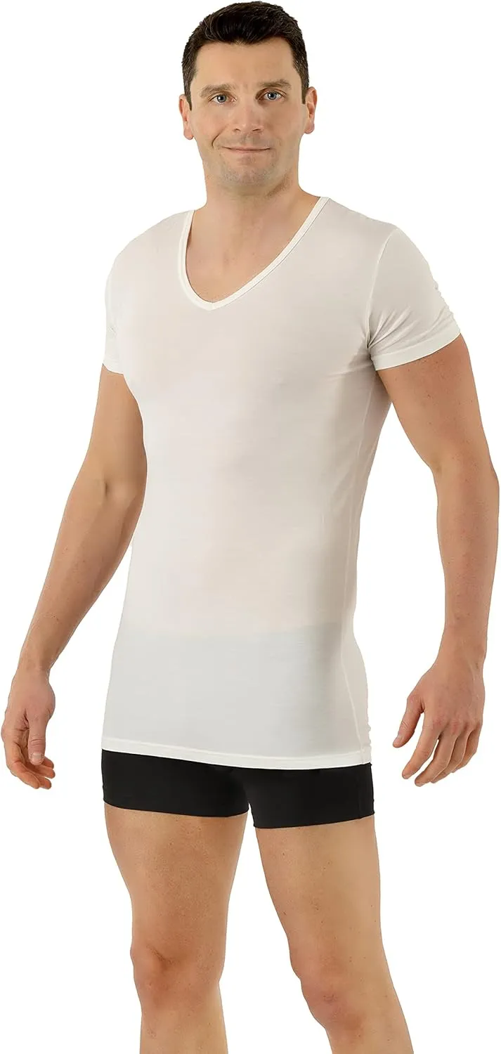 Men's Functional Undershirt Merino Wool-Tencel Lyocell Short Sleeve v-Neck Off-White
