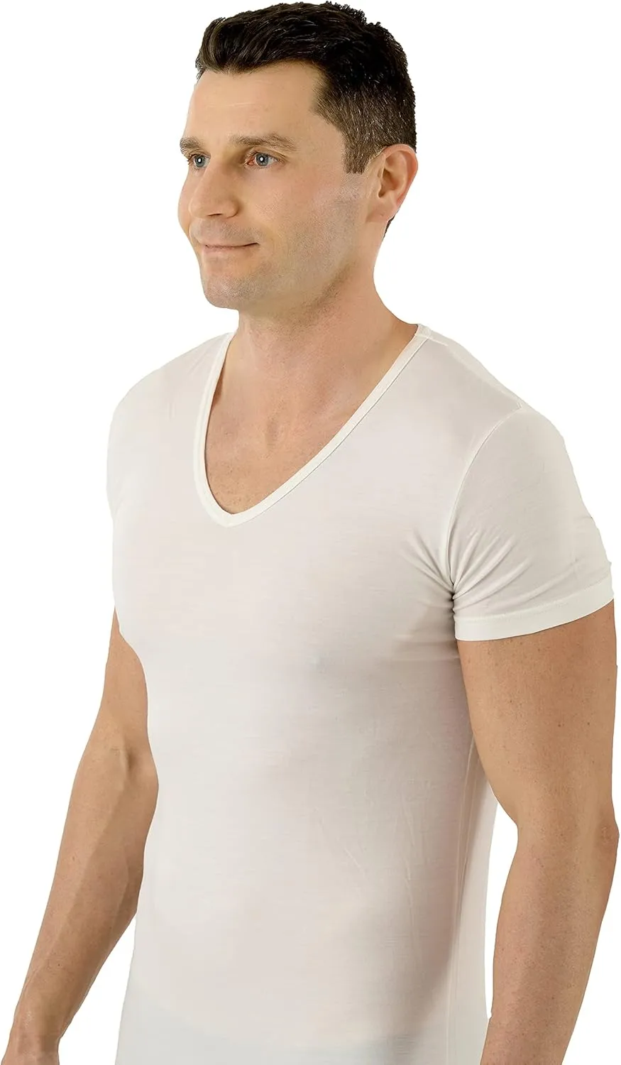 Men's Functional Undershirt Merino Wool-Tencel Lyocell Short Sleeve v-Neck Off-White