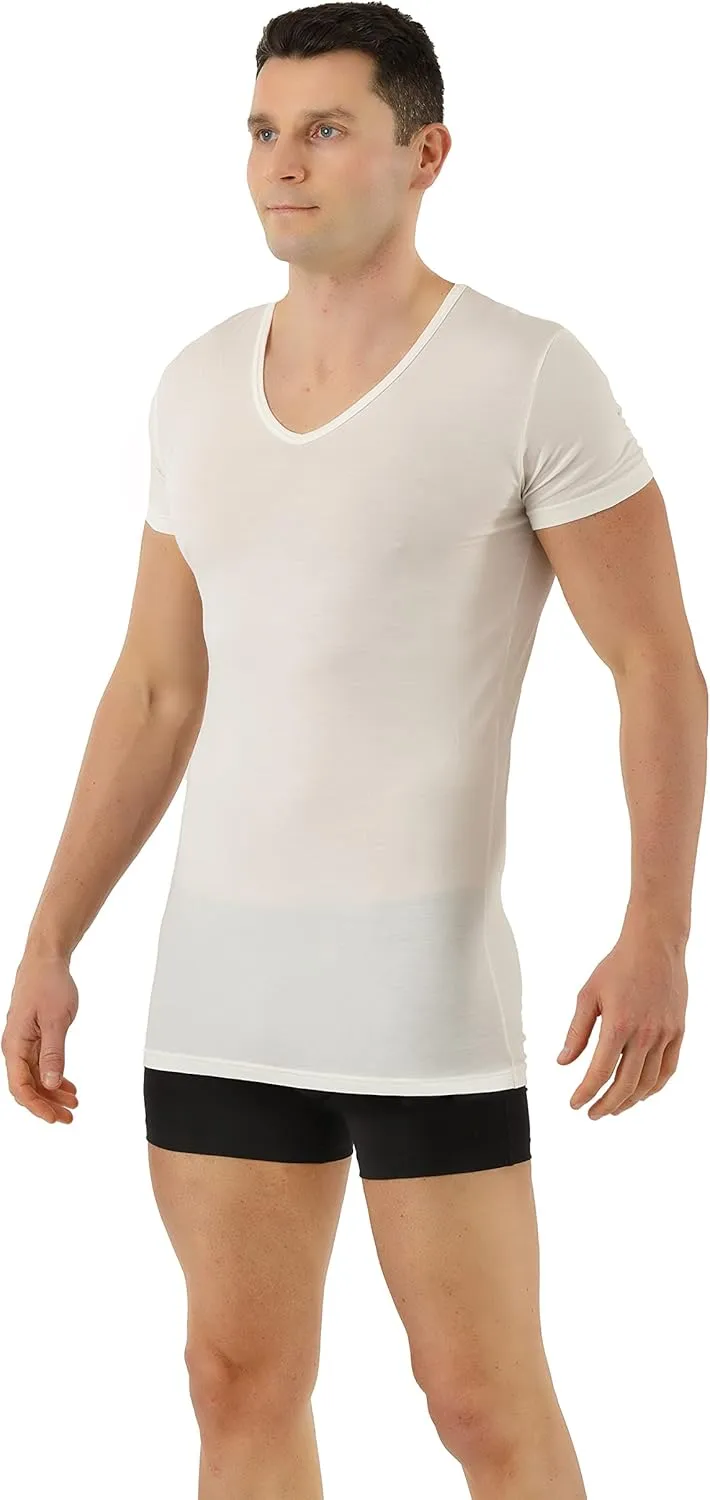 Men's Functional Undershirt Merino Wool-Tencel Lyocell Short Sleeve v-Neck Off-White