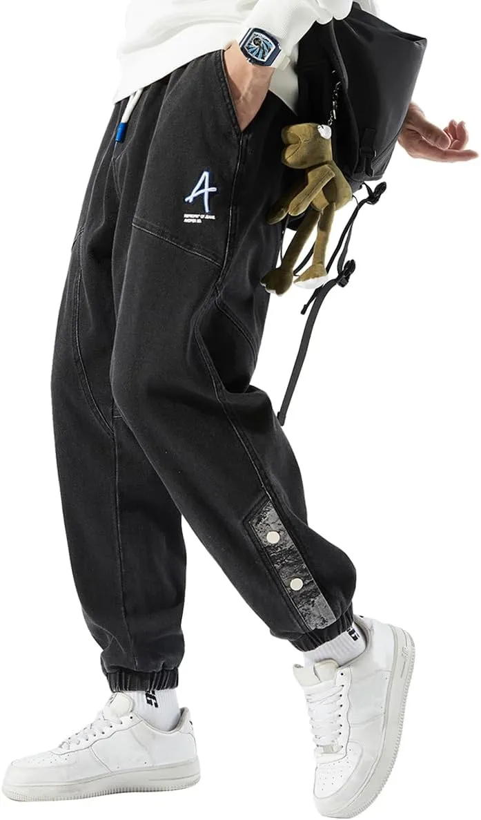 Men's Jean Joggers Denim Cargo Pants Streetwear Sweatpant Jeans with Drawstring Elastic Waist