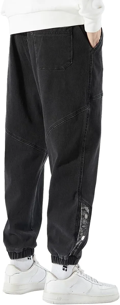 Men's Jean Joggers Denim Cargo Pants Streetwear Sweatpant Jeans with Drawstring Elastic Waist