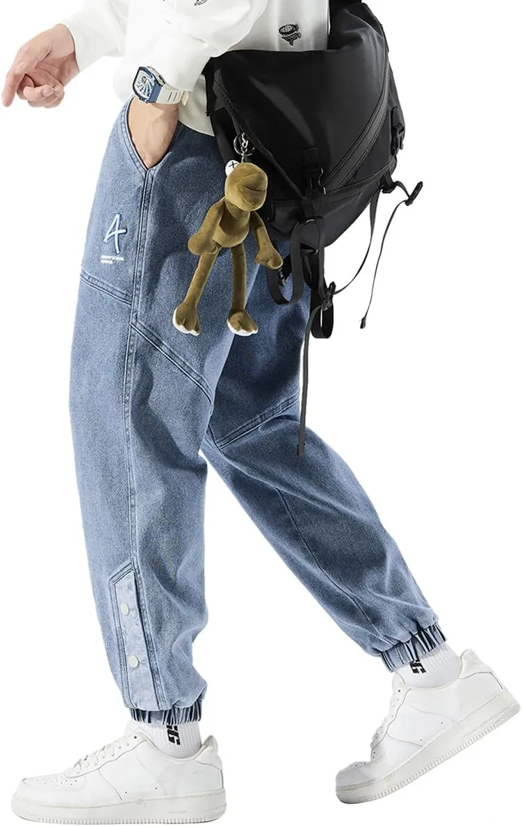 Men's Jean Joggers Denim Cargo Pants Streetwear Sweatpant Jeans with Drawstring Elastic Waist