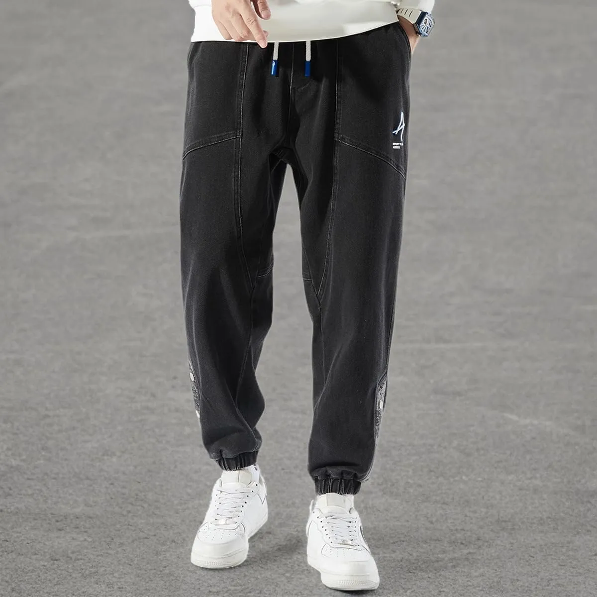 Men's Jean Joggers Denim Cargo Pants Streetwear Sweatpant Jeans with Drawstring Elastic Waist