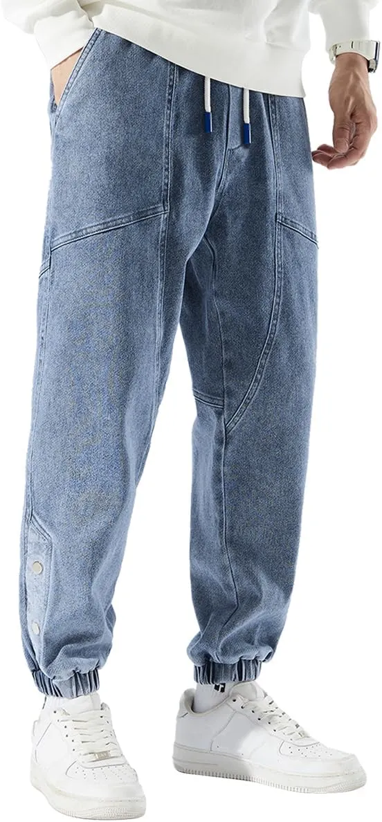 Men's Jean Joggers Denim Cargo Pants Streetwear Sweatpant Jeans with Drawstring Elastic Waist