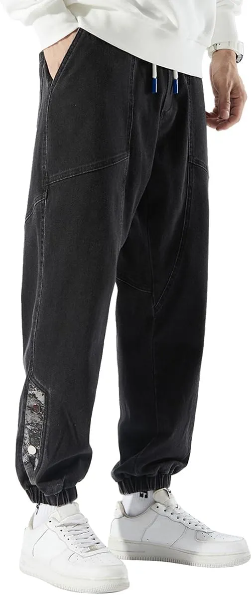 Men's Jean Joggers Denim Cargo Pants Streetwear Sweatpant Jeans with Drawstring Elastic Waist