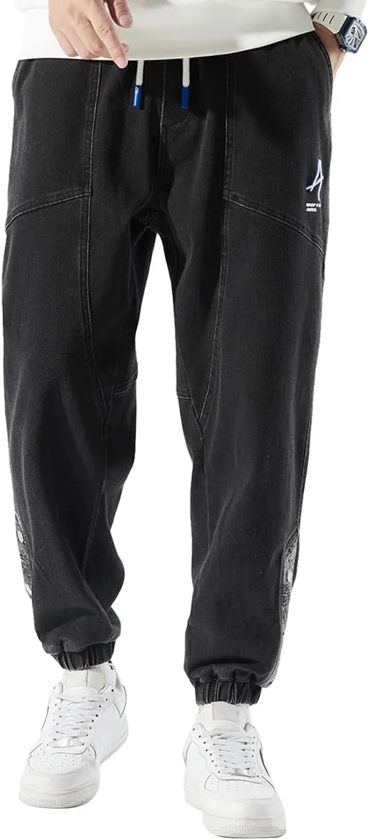 Men's Jean Joggers Denim Cargo Pants Streetwear Sweatpant Jeans with Drawstring Elastic Waist