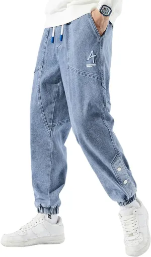 Men's Jean Joggers Denim Cargo Pants Streetwear Sweatpant Jeans with Drawstring Elastic Waist