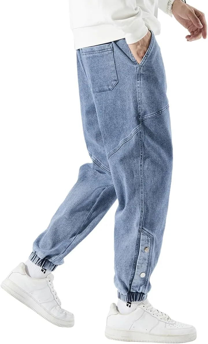 Men's Jean Joggers Denim Cargo Pants Streetwear Sweatpant Jeans with Drawstring Elastic Waist