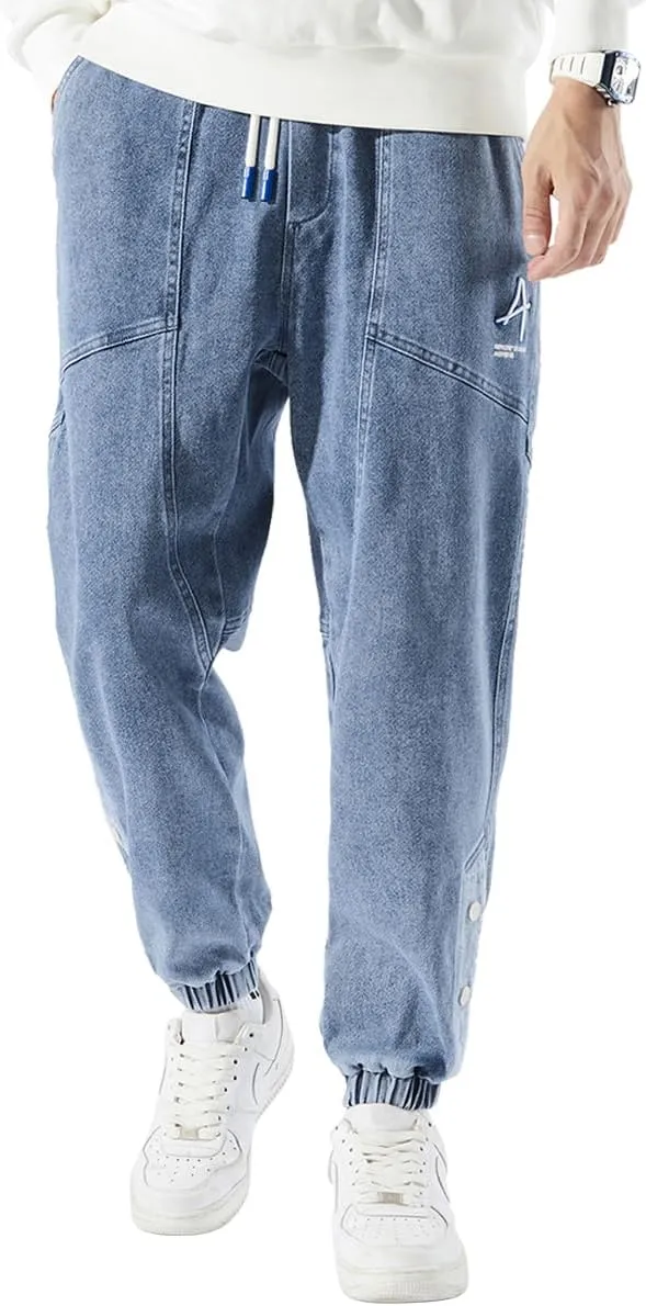 Men's Jean Joggers Denim Cargo Pants Streetwear Sweatpant Jeans with Drawstring Elastic Waist