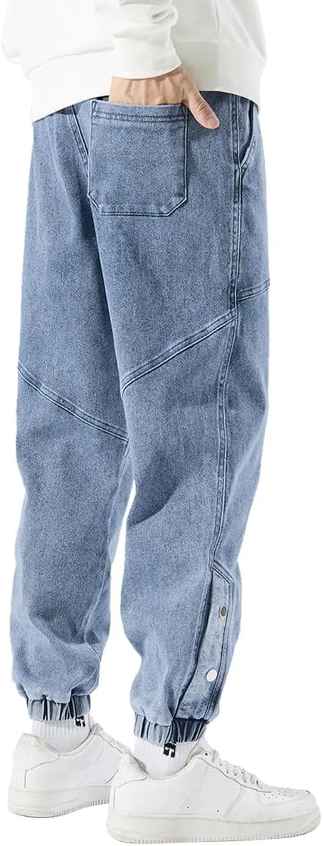 Men's Jean Joggers Denim Cargo Pants Streetwear Sweatpant Jeans with Drawstring Elastic Waist