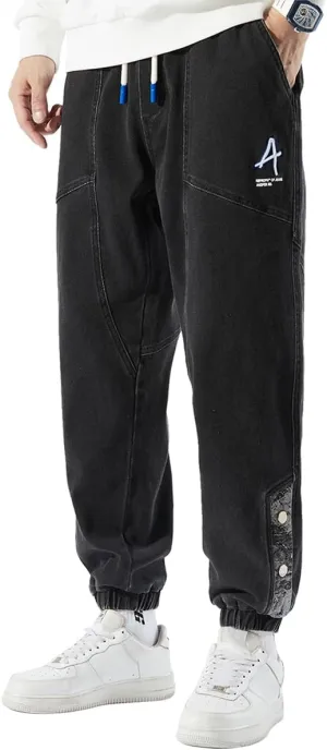 Men's Jean Joggers Denim Cargo Pants Streetwear Sweatpant Jeans with Drawstring Elastic Waist