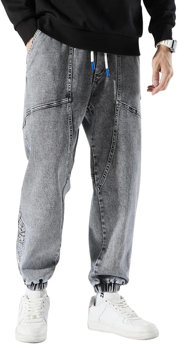 Men's Jean Joggers Denim Cargo Pants Streetwear Sweatpant Jeans with Drawstring Elastic Waist