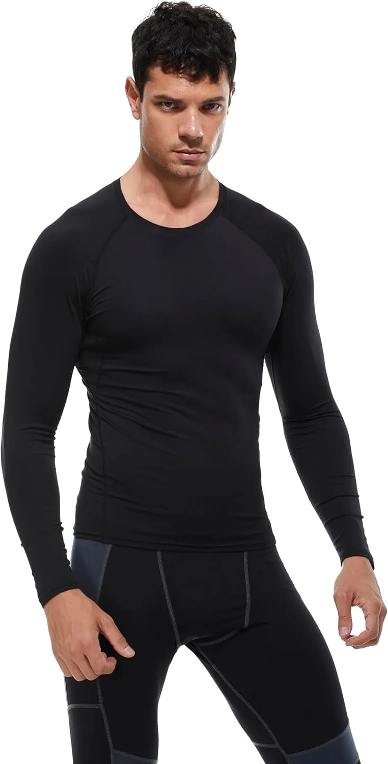 Men's Sports Base Layers, Athletic Long Sleeve Compression Thermal Undershirts Basic Crewneck Tops Slim Workout Shirts