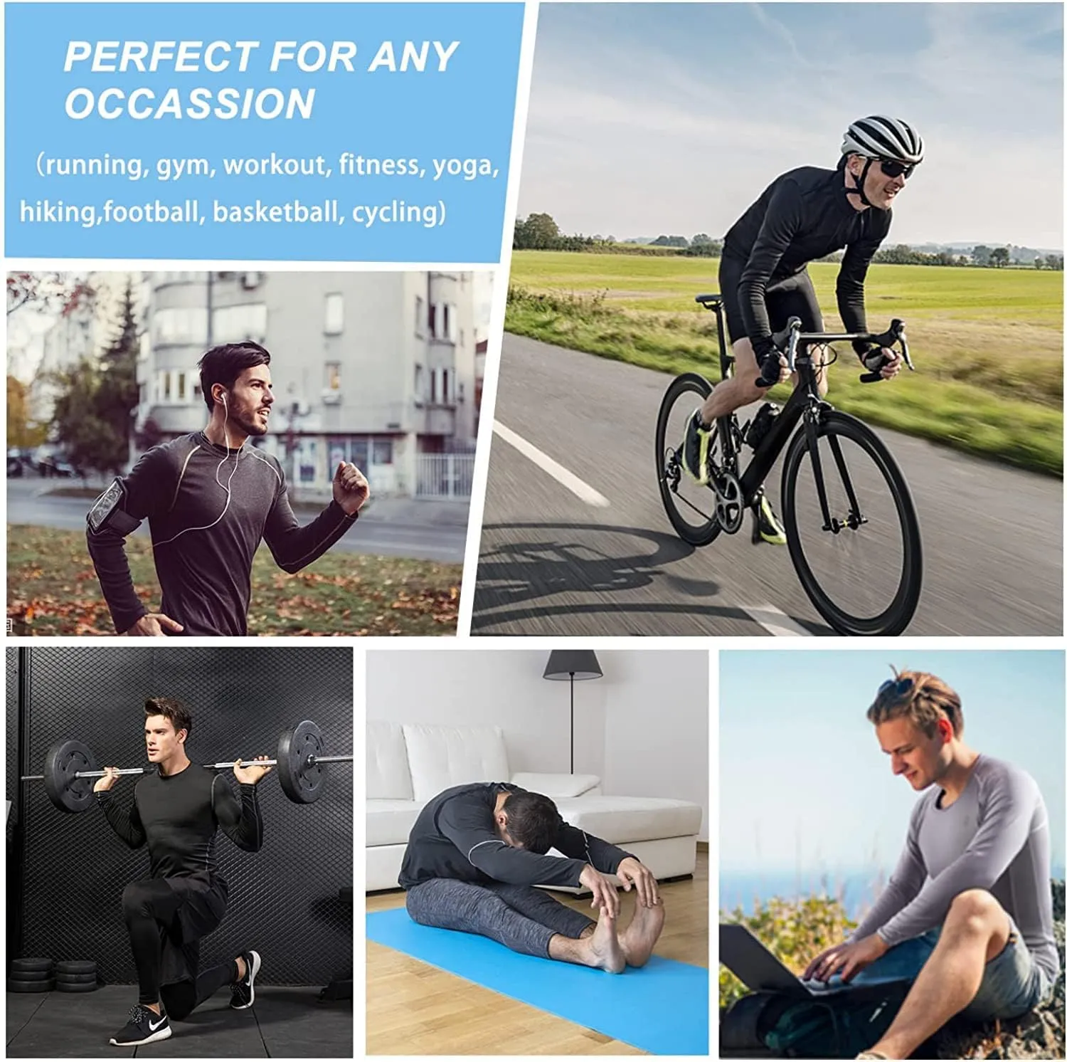 Men's Sports Base Layers, Athletic Long Sleeve Compression Thermal Undershirts Basic Crewneck Tops Slim Workout Shirts