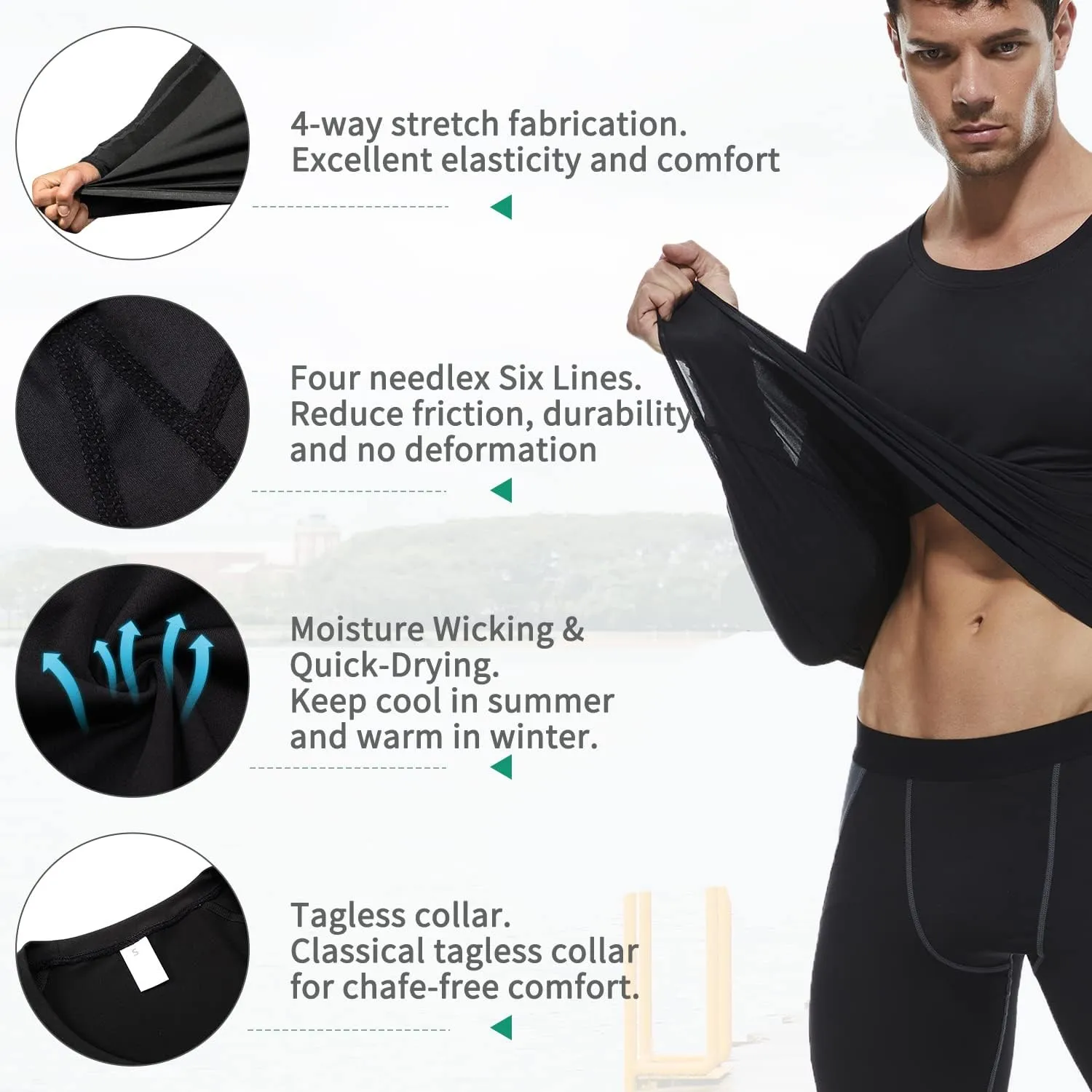 Men's Sports Base Layers, Athletic Long Sleeve Compression Thermal Undershirts Basic Crewneck Tops Slim Workout Shirts