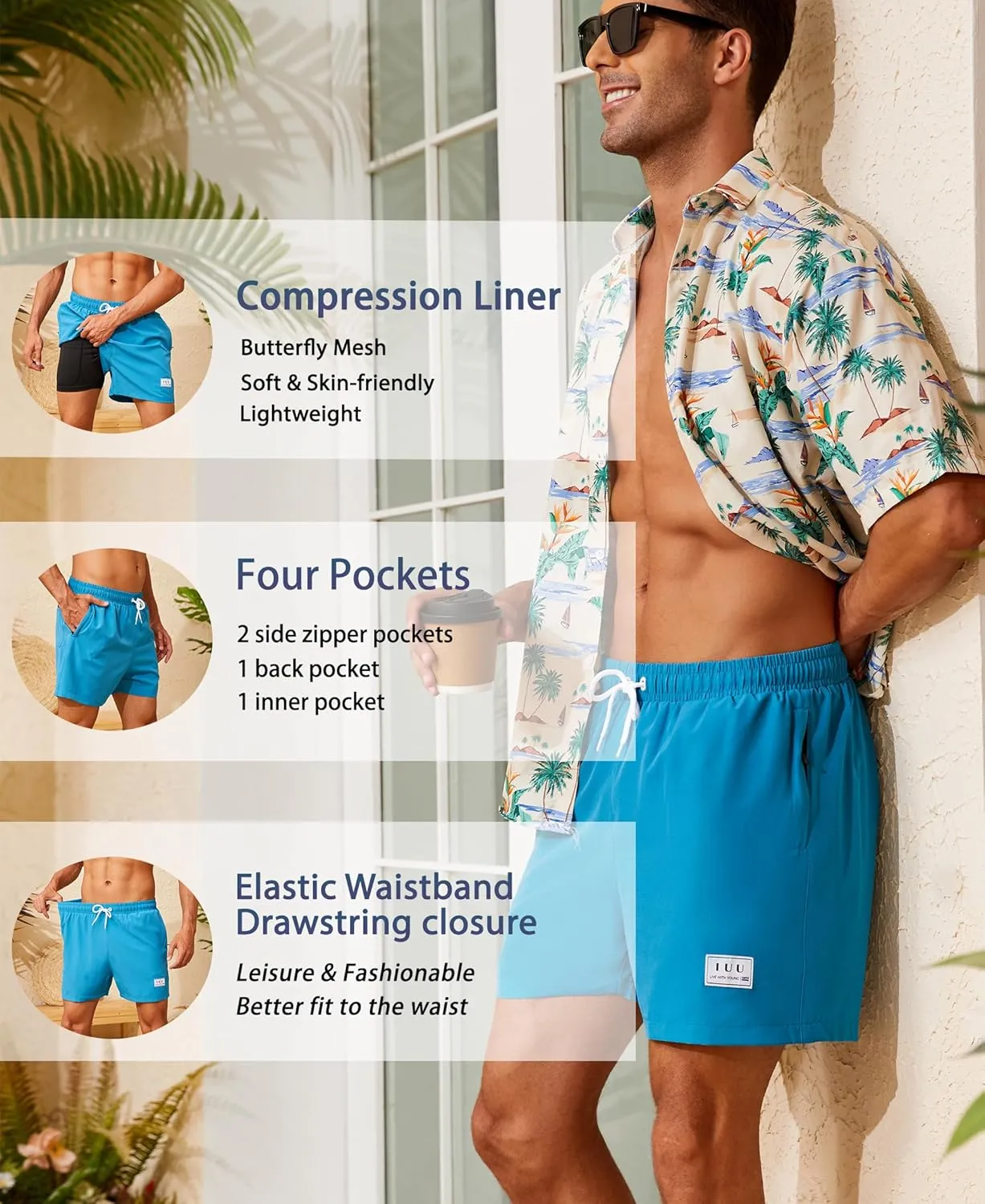 Mens Swim Trunks with Compression Liner Quick Dry Board Shorts 3.5'' Bathing Suits with Zipper Pockets