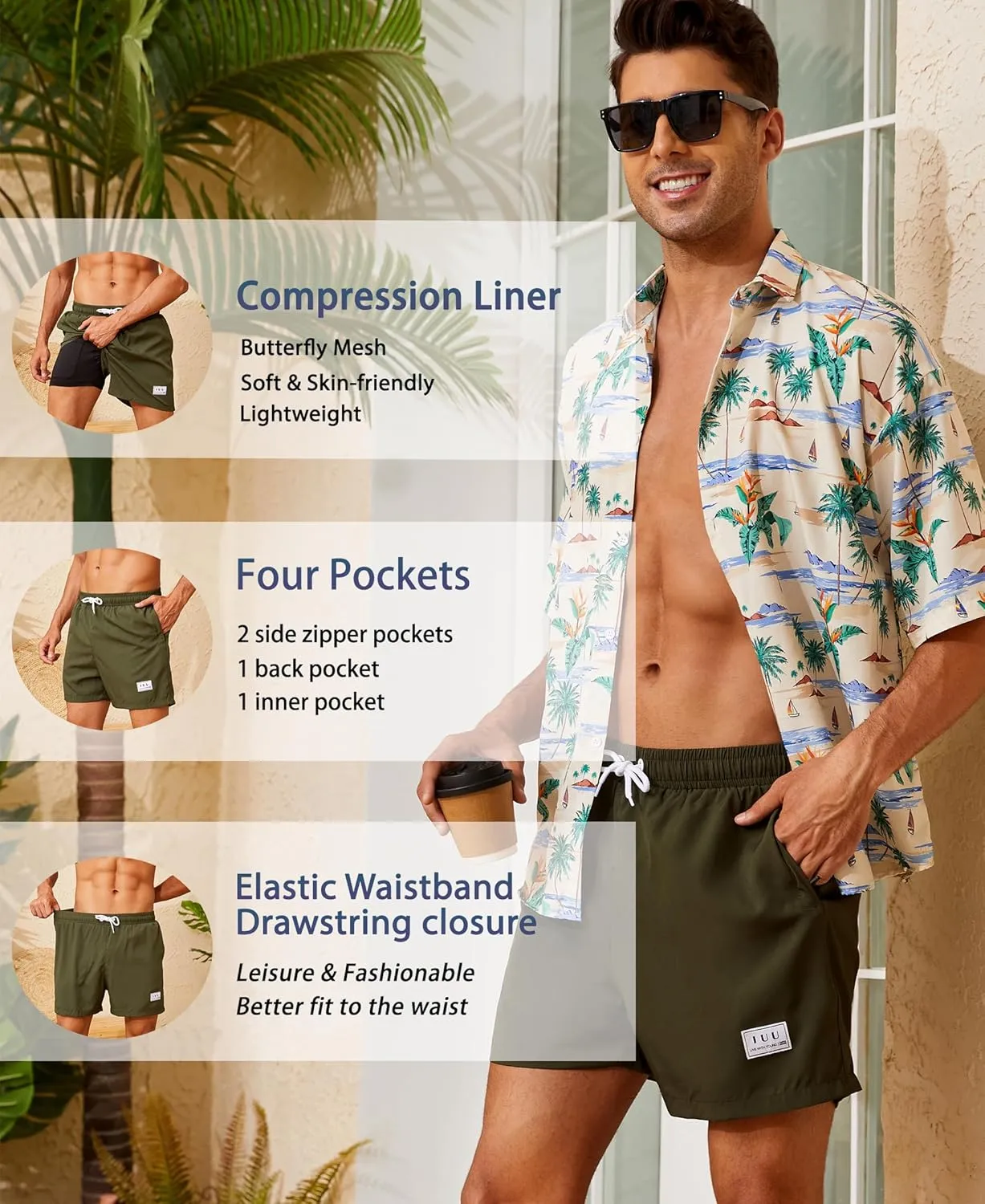 Mens Swim Trunks with Compression Liner Quick Dry Board Shorts 3.5'' Bathing Suits with Zipper Pockets
