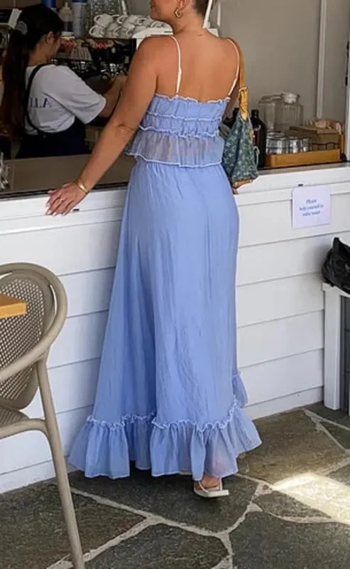 NUFIWI Sexy 2 Pieces Long Skirt Set Sleeveless Crop Cami Top and Flowy Pleated Skirts Set Ruffle Sheer Maxi Skirt Beach Suit