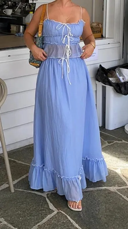 NUFIWI Sexy 2 Pieces Long Skirt Set Sleeveless Crop Cami Top and Flowy Pleated Skirts Set Ruffle Sheer Maxi Skirt Beach Suit