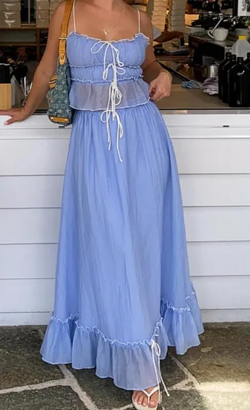 NUFIWI Sexy 2 Pieces Long Skirt Set Sleeveless Crop Cami Top and Flowy Pleated Skirts Set Ruffle Sheer Maxi Skirt Beach Suit