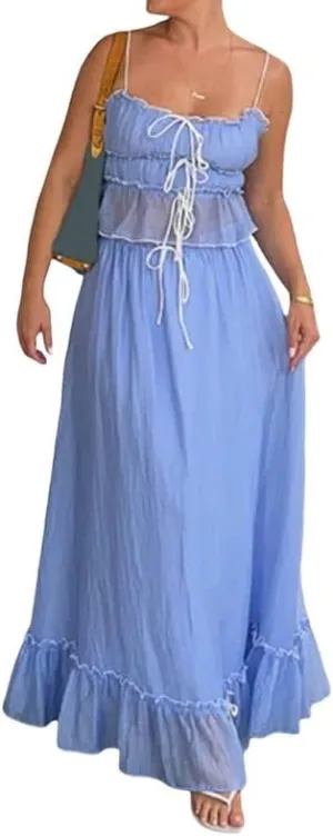 NUFIWI Sexy 2 Pieces Long Skirt Set Sleeveless Crop Cami Top and Flowy Pleated Skirts Set Ruffle Sheer Maxi Skirt Beach Suit