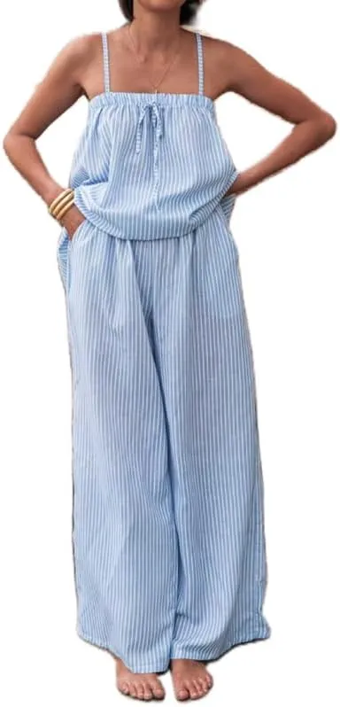 NUFIWI Women Casual Striped Print Pants Set Sleeveless Crop Top High Waist Trousers 2 Pieces Set Stripes Loungewear Suits