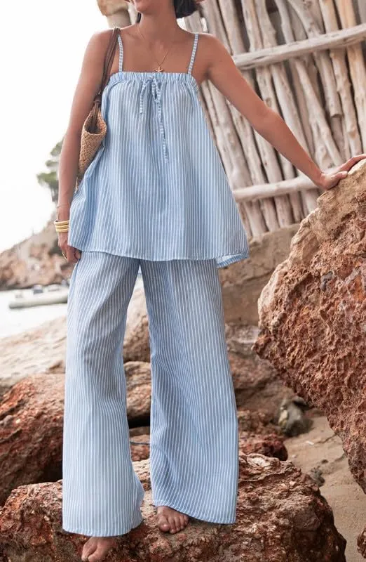 NUFIWI Women Casual Striped Print Pants Set Sleeveless Crop Top High Waist Trousers 2 Pieces Set Stripes Loungewear Suits
