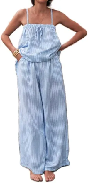 NUFIWI Women Casual Striped Print Pants Set Sleeveless Crop Top High Waist Trousers 2 Pieces Set Stripes Loungewear Suits