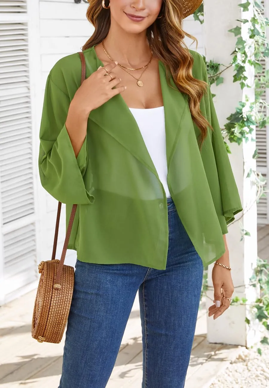 olrain Women Summer Tops 3/4 Chiffon Kimono Cardigans Short Shrugs Cusual Loose Open Front Bolero Cape Cover Up