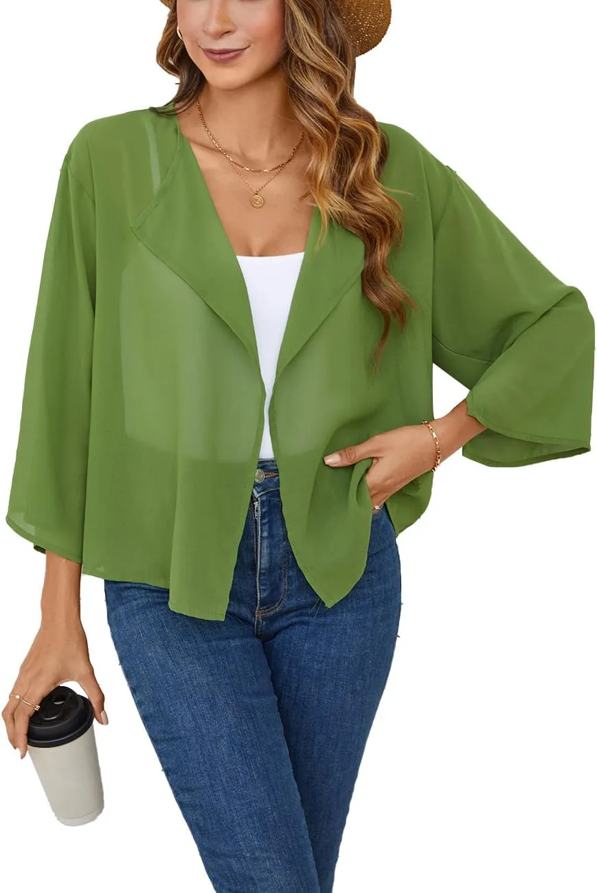 olrain Women Summer Tops 3/4 Chiffon Kimono Cardigans Short Shrugs Cusual Loose Open Front Bolero Cape Cover Up