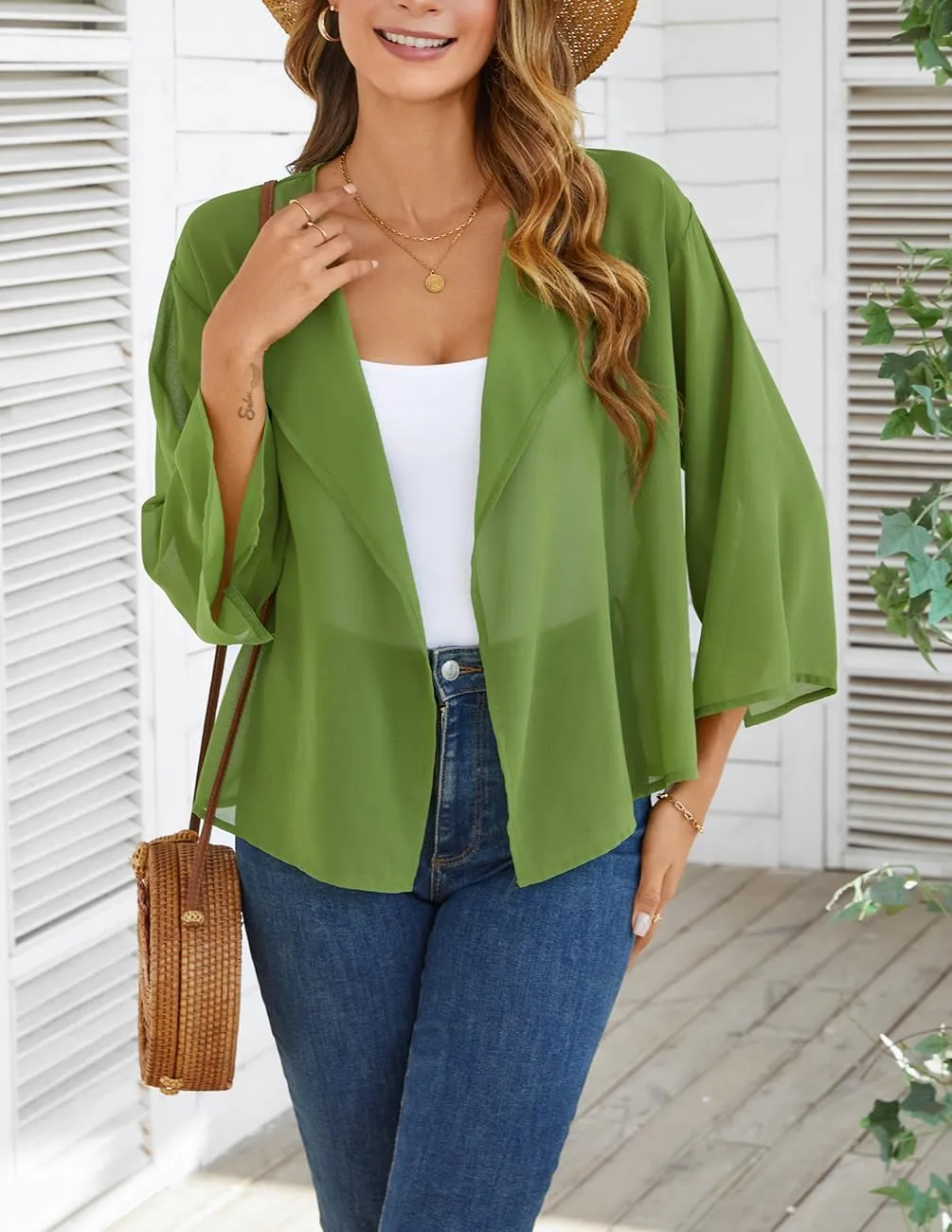 olrain Women Summer Tops 3/4 Chiffon Kimono Cardigans Short Shrugs Cusual Loose Open Front Bolero Cape Cover Up