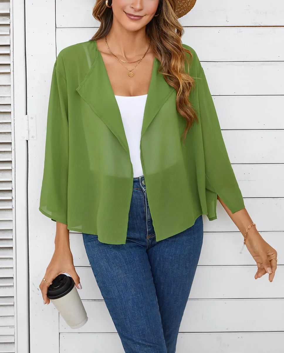 olrain Women Summer Tops 3/4 Chiffon Kimono Cardigans Short Shrugs Cusual Loose Open Front Bolero Cape Cover Up