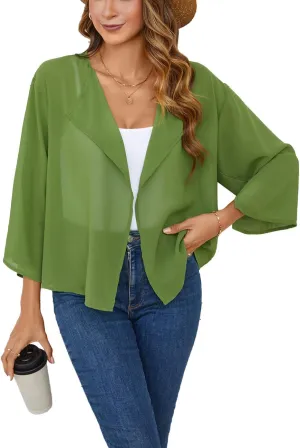 olrain Women Summer Tops 3/4 Chiffon Kimono Cardigans Short Shrugs Cusual Loose Open Front Bolero Cape Cover Up