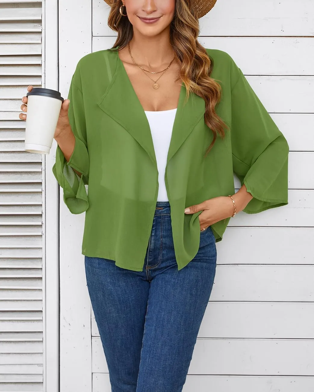 olrain Women Summer Tops 3/4 Chiffon Kimono Cardigans Short Shrugs Cusual Loose Open Front Bolero Cape Cover Up