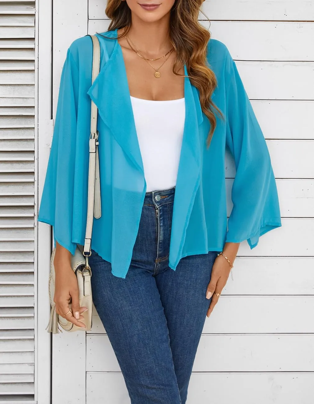 olrain Women Summer Tops 3/4 Chiffon Kimono Cardigans Short Shrugs Cusual Loose Open Front Bolero Cape Cover Up