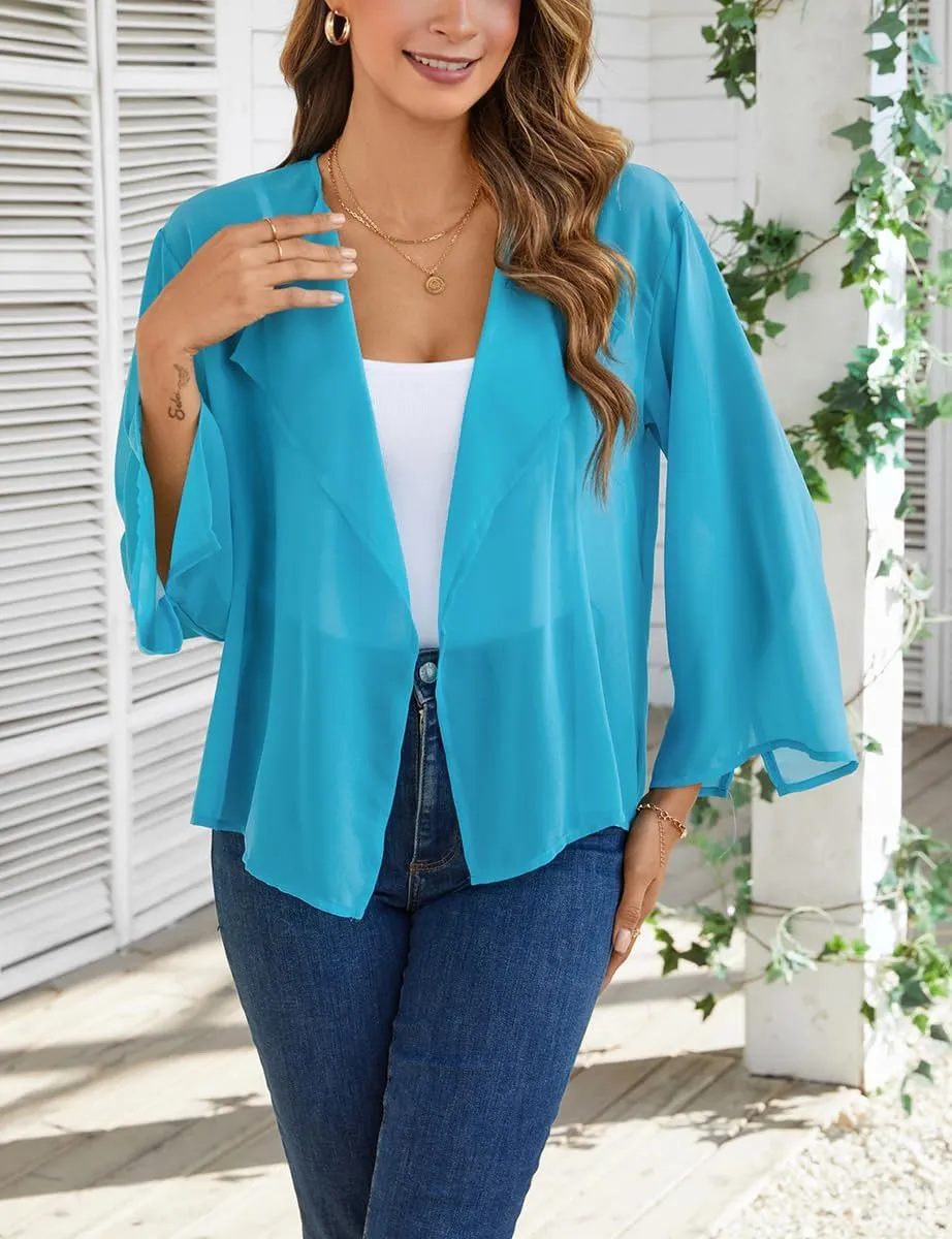 olrain Women Summer Tops 3/4 Chiffon Kimono Cardigans Short Shrugs Cusual Loose Open Front Bolero Cape Cover Up
