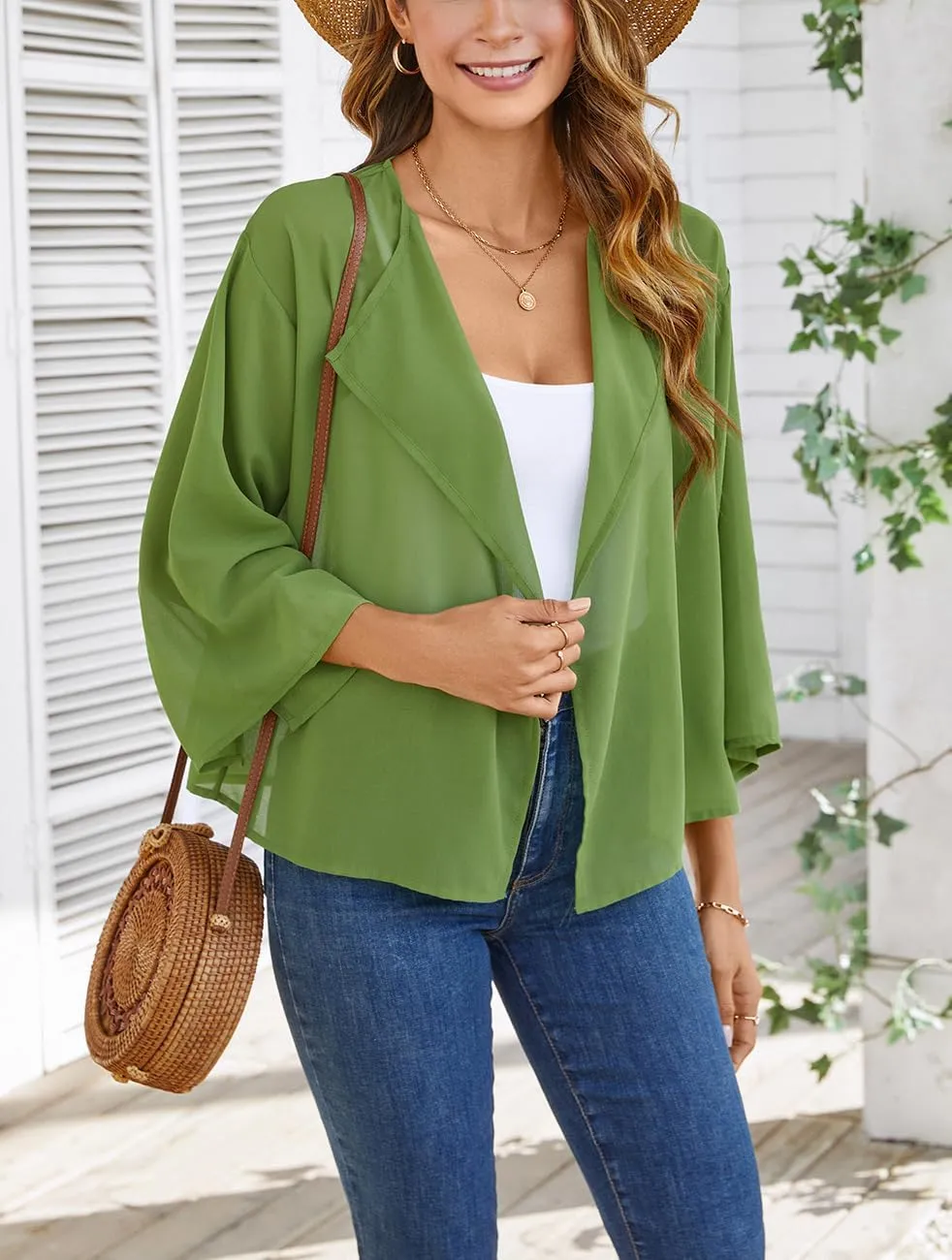 olrain Women Summer Tops 3/4 Chiffon Kimono Cardigans Short Shrugs Cusual Loose Open Front Bolero Cape Cover Up