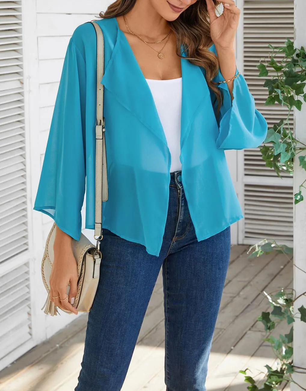 olrain Women Summer Tops 3/4 Chiffon Kimono Cardigans Short Shrugs Cusual Loose Open Front Bolero Cape Cover Up