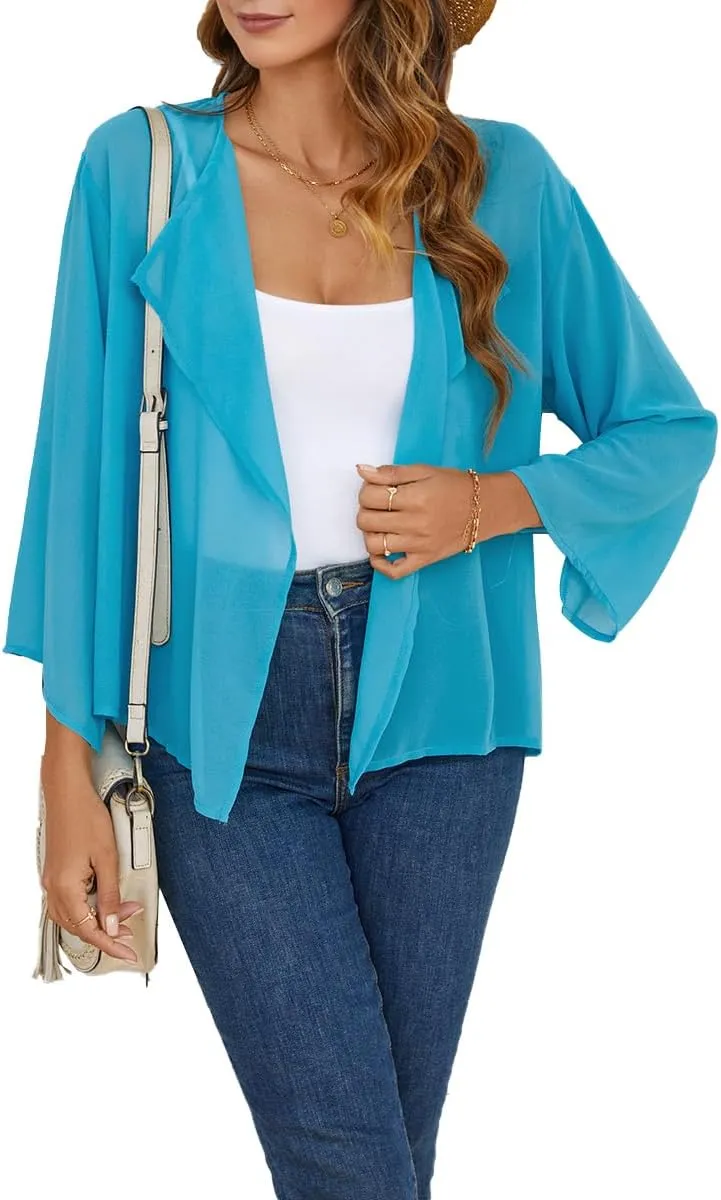 olrain Women Summer Tops 3/4 Chiffon Kimono Cardigans Short Shrugs Cusual Loose Open Front Bolero Cape Cover Up