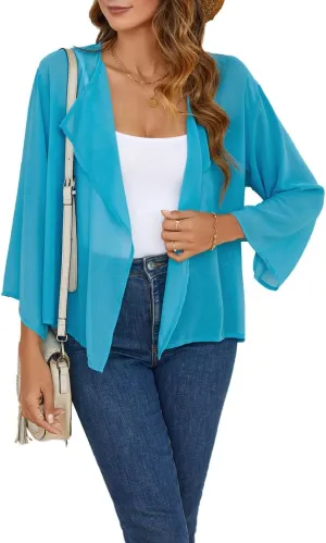 olrain Women Summer Tops 3/4 Chiffon Kimono Cardigans Short Shrugs Cusual Loose Open Front Bolero Cape Cover Up