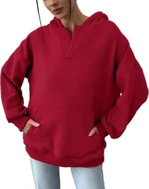 PAODIKUAI Women's Oversized Hoodies V Neck Pullover Fleece Sweatshirt Long Sleeve with Pocket Casual Winter Fall Outfits