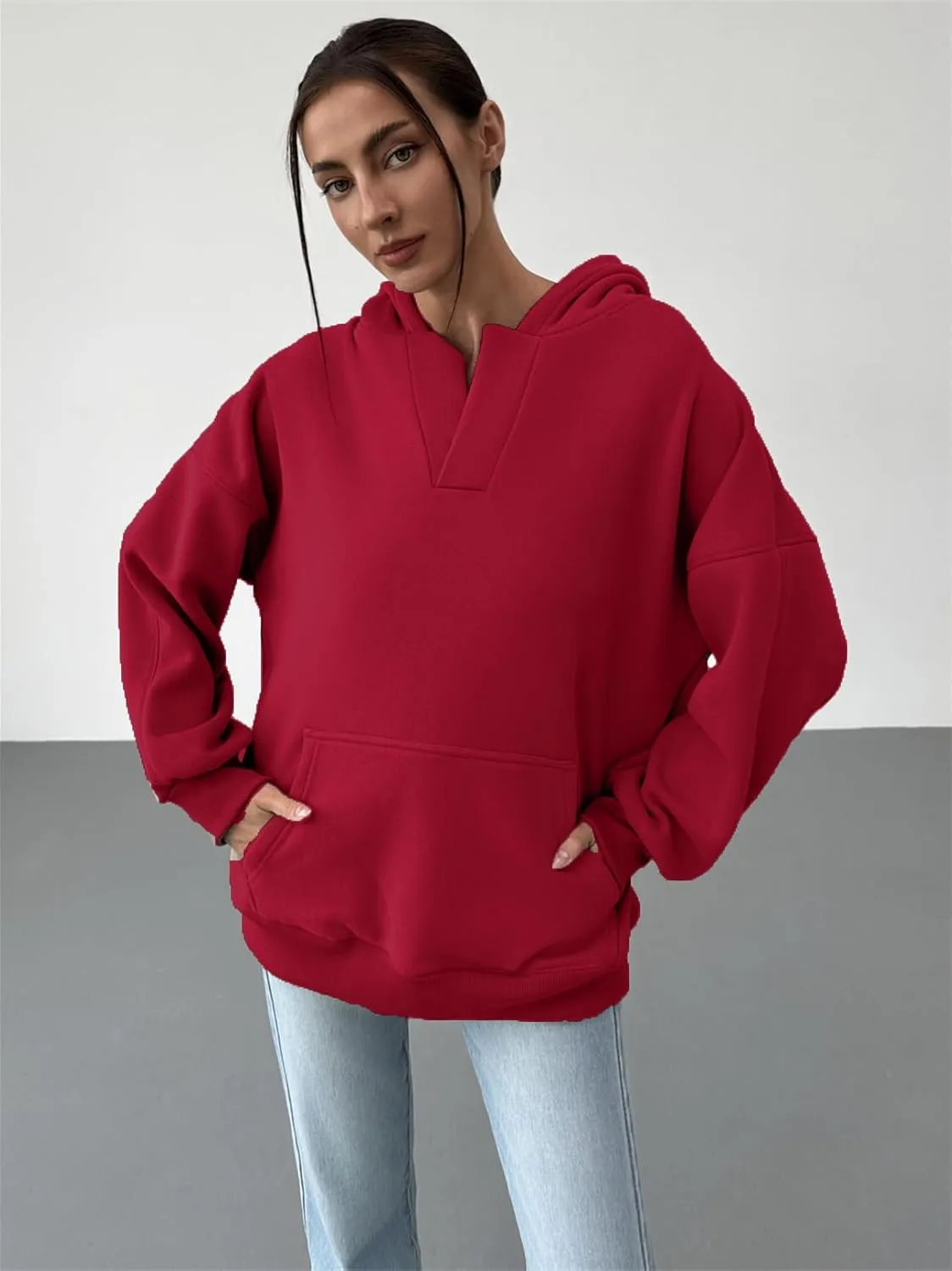 PAODIKUAI Women's Oversized Hoodies V Neck Pullover Fleece Sweatshirt Long Sleeve with Pocket Casual Winter Fall Outfits