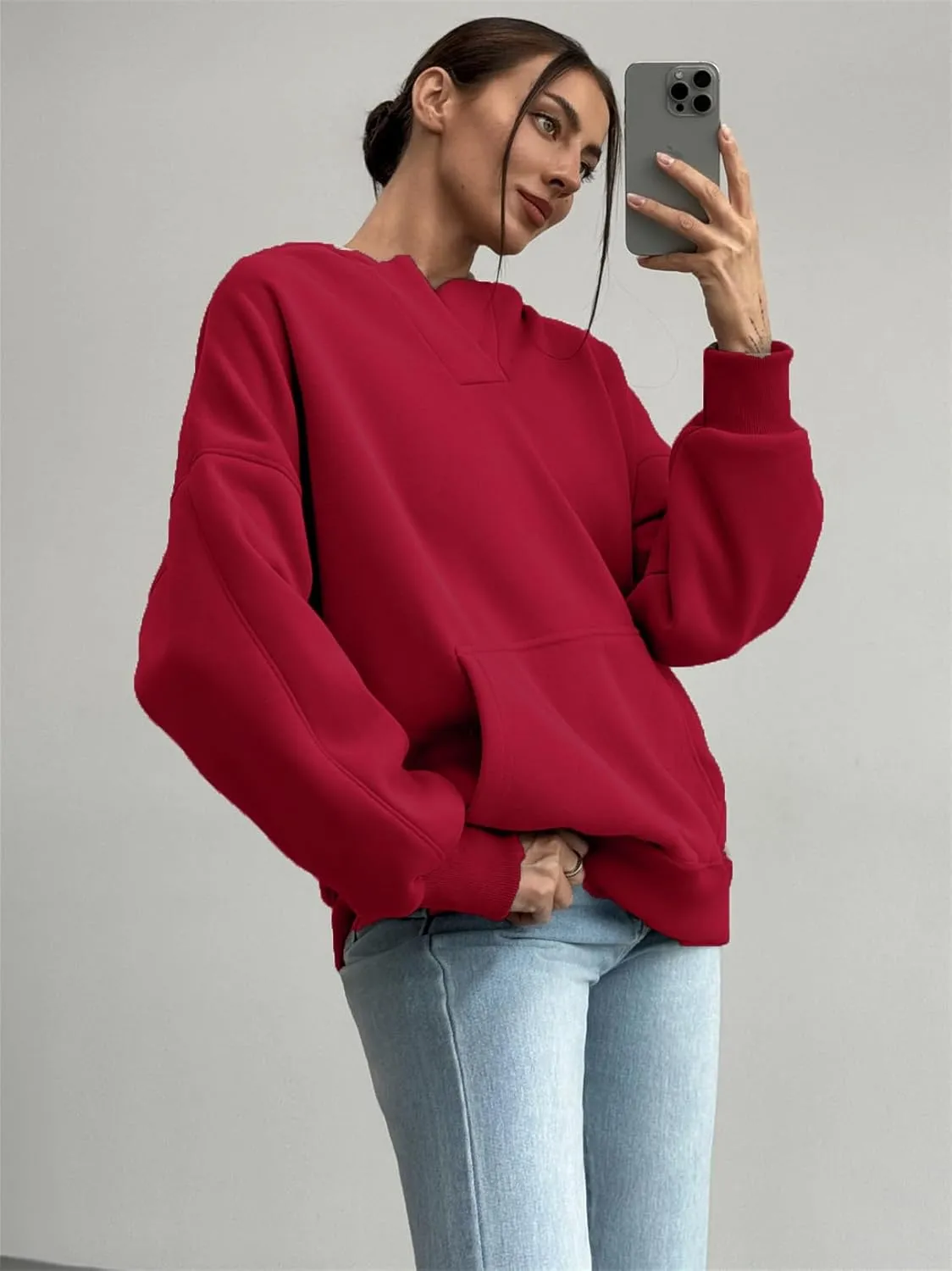PAODIKUAI Women's Oversized Hoodies V Neck Pullover Fleece Sweatshirt Long Sleeve with Pocket Casual Winter Fall Outfits