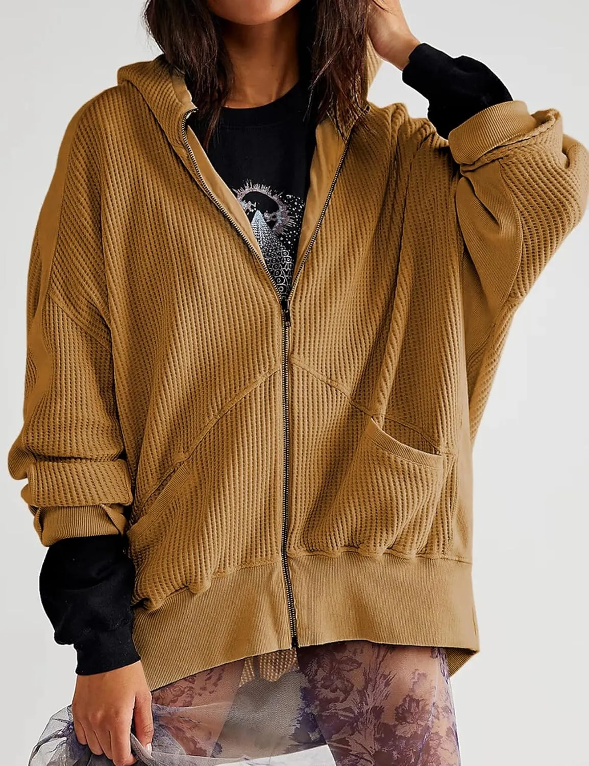 PEHMEA Women's Oversized Zip Up Hoodies Waffle Knit Jacket Fashion Loose Outerwear Shacket with Pockets