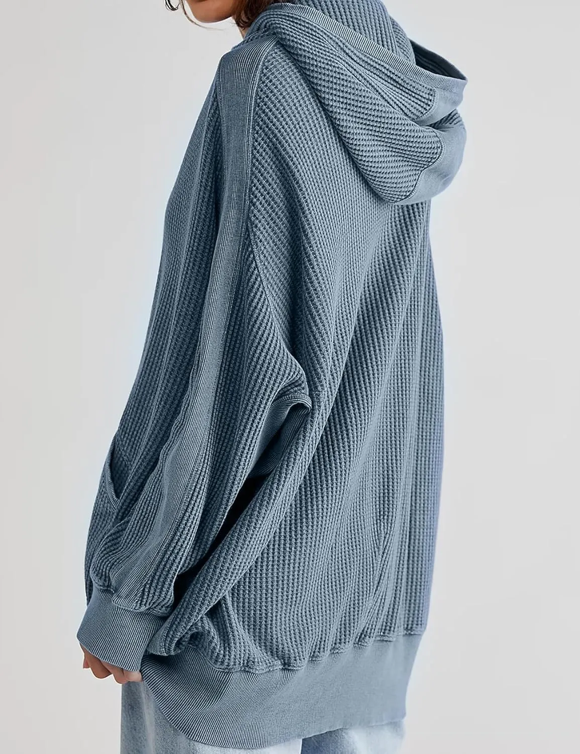 PEHMEA Women's Oversized Zip Up Hoodies Waffle Knit Jacket Fashion Loose Outerwear Shacket with Pockets